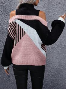 SHEIN LUNE Women'S Colorblock Cold Shoulder Sweater - Pink - View 2