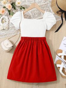 Tween Girl Puff Sleeve Top And Skirt Two-Piece Set - Multicolor - View 2