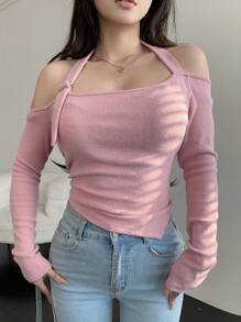 Dazy Designer Của phụ nữ Dây Tay áo dài Áo thun - Hồng - Xem 7