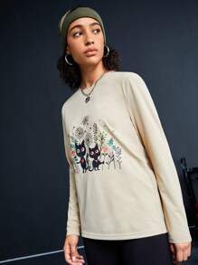 SHEIN Sports 卡通花印花運動t恤 - 駝色 - 查看 8