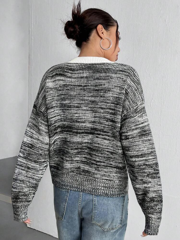 Women's V Neck Mixed Knitted Casual Sweater Fall Winter