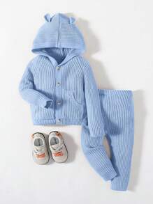 SHEIN Long Sleeve Hooded Cardigan And Knitted Pants Set - Blue - View 1