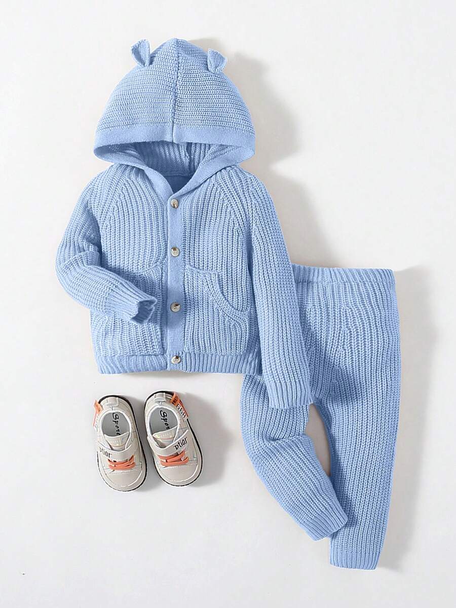 SHEIN Long Sleeve Hooded Cardigan And Knitted Pants Set - Blue - View 1
