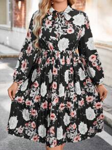 Celure Plus Size Floral Print Lantern Sleeve Tie Neck Dress - Multicolor - View 1