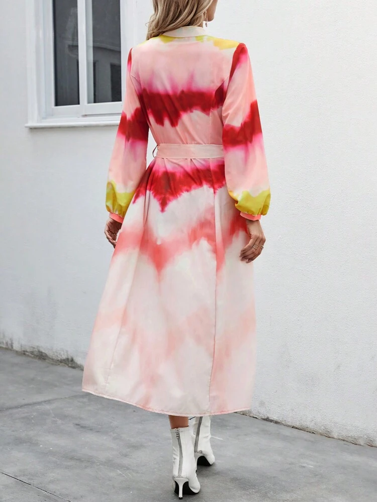 Women's Tie-Dye Belted Shirt Dress Fall Cloth For Women
