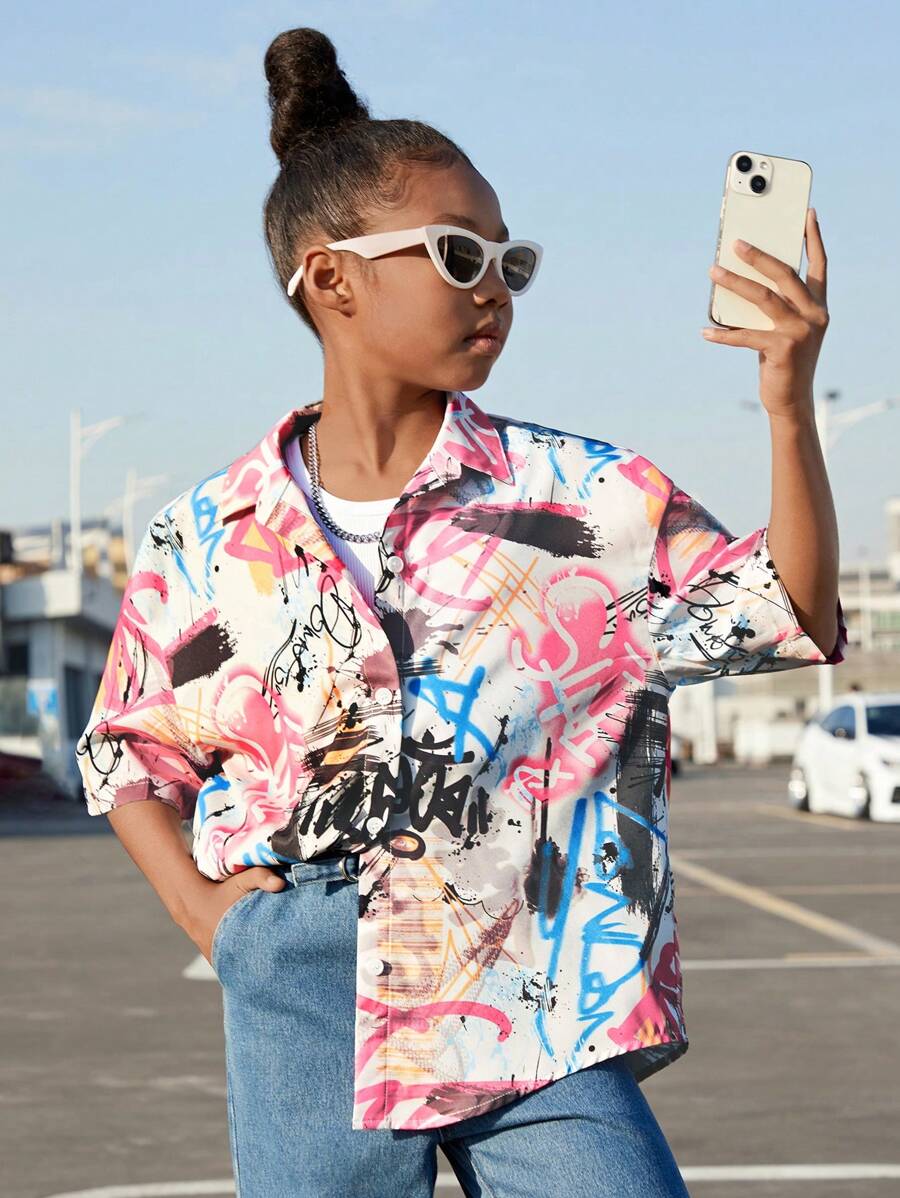 SHEIN 青少女休閒街頭風格塗鴉寬鬆短袖襯衫 - 彩色 - 查看 1