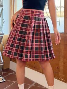 SHEIN EZwear Women's College Style Checked Pleated Skirt - Red - View 1