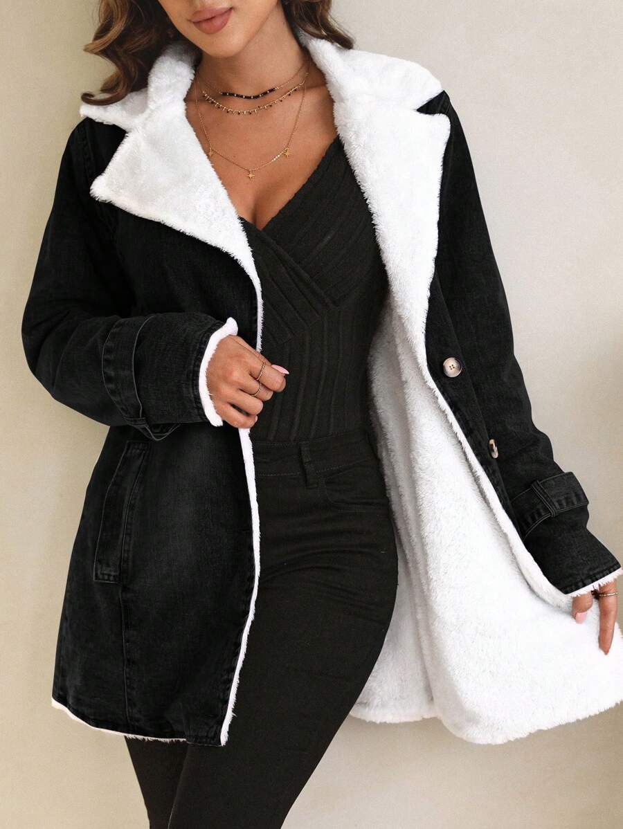 SHEIN LUNE Women's Single Breasted Thermal Lined Denim Jacket