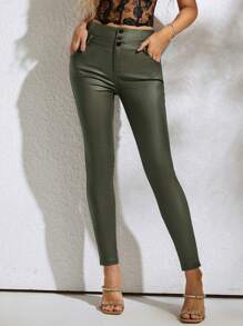 90年代復古綠色高腰彈性扣帶pu皮革修身細褲,舒適錐形休閒褲 - 軍綠色 - 查看 1