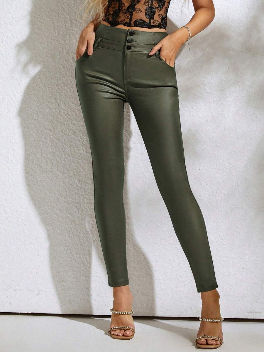 90年代復古綠色高腰彈性扣帶pu皮革修身細褲,舒適錐形休閒褲 - 軍綠色 - 查看 1