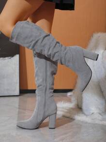 Timesize Women's Over-the-knee Chunky Heel Boots With Random Wrinkled Texture, Gray - Grey - View 6
