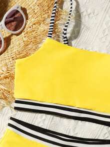 Tween Girl Cute Stripe And Floral Print Bikini Set Summer Beach - Yellow - View 4