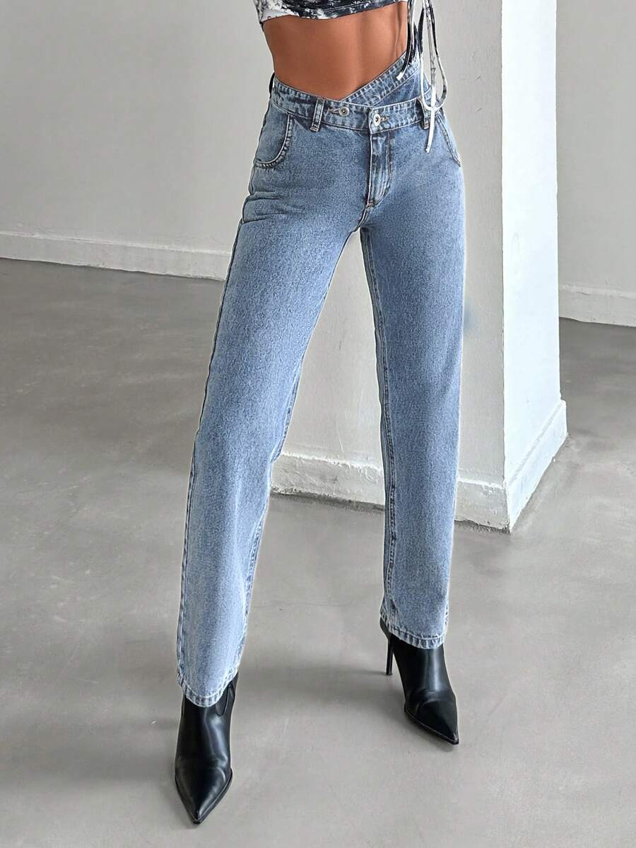 EURMUSE Ladies' High Waist Straight Leg Asymmetrical Hem Jeans - Medium Wash - View 1
