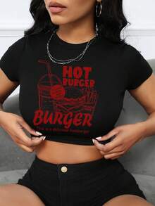 SHEIN Slayr Của phụ nữ Hamburger Và Khoai tây chiên In thư Ngắn tay Thon gọn Áo thun - màu đen - Xem 3