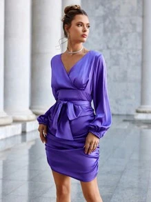 Chiquease Vestido De Manga De Linterna Plisada De Cintura Reunida Con Cuello En V De Color Sólido Para Mujer - Morado - Ver 4
