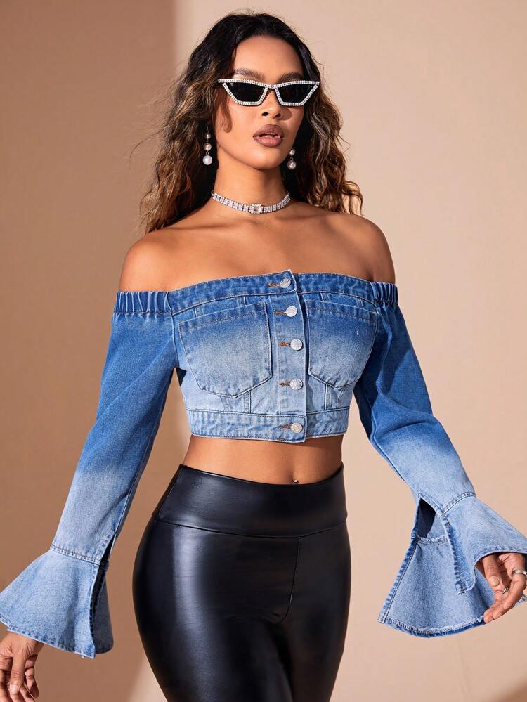 Off-shoulder Short Cropped Denim Top With Flared Sleeves