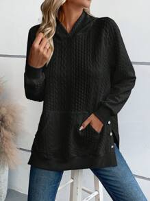 SHEIN Essnce 純色套頭帽衫,縫肩袖設計 - 黑色 - 查看 1