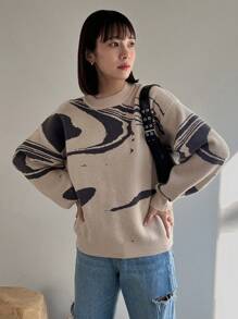 FRIFUL 女款花紋下垂肩毛衣 - 杏色 - 查看 3