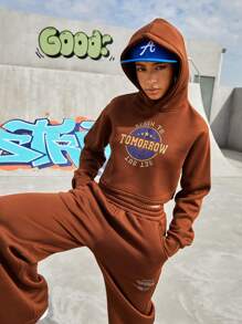 Gameset SHEIN Sport Women's Hooded Sportswear Set With Letter Prints - Coffee Brown - View 8