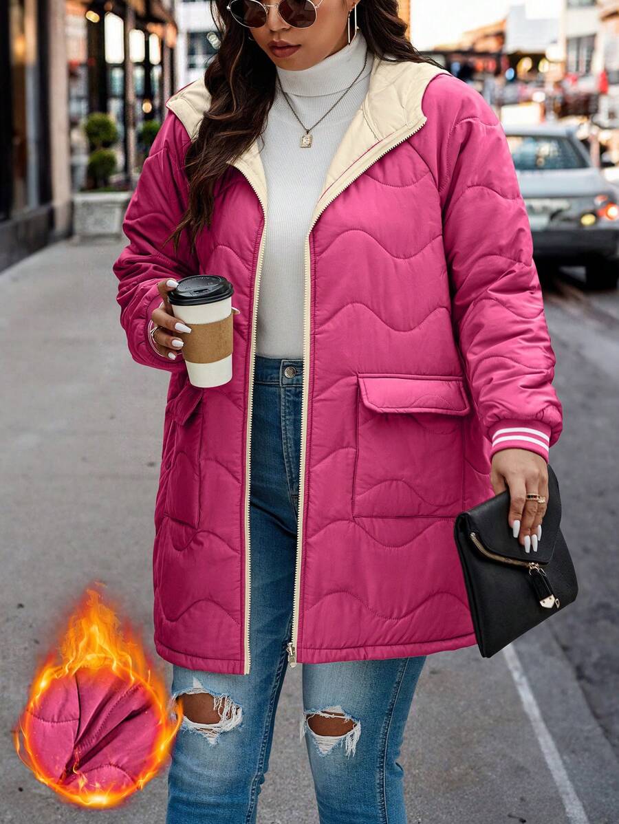 Calvaya Plus Flap Pocket Hooded Padded Padded Coat Quần áo mùa đông nhiệt - Màu Hồng Tươi - Xem 1