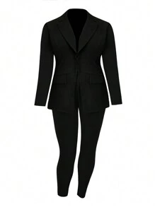 EMERY ROSE 大尺碼女式假口袋西裝外套和長褲套裝 - 黑色 - 查看 6