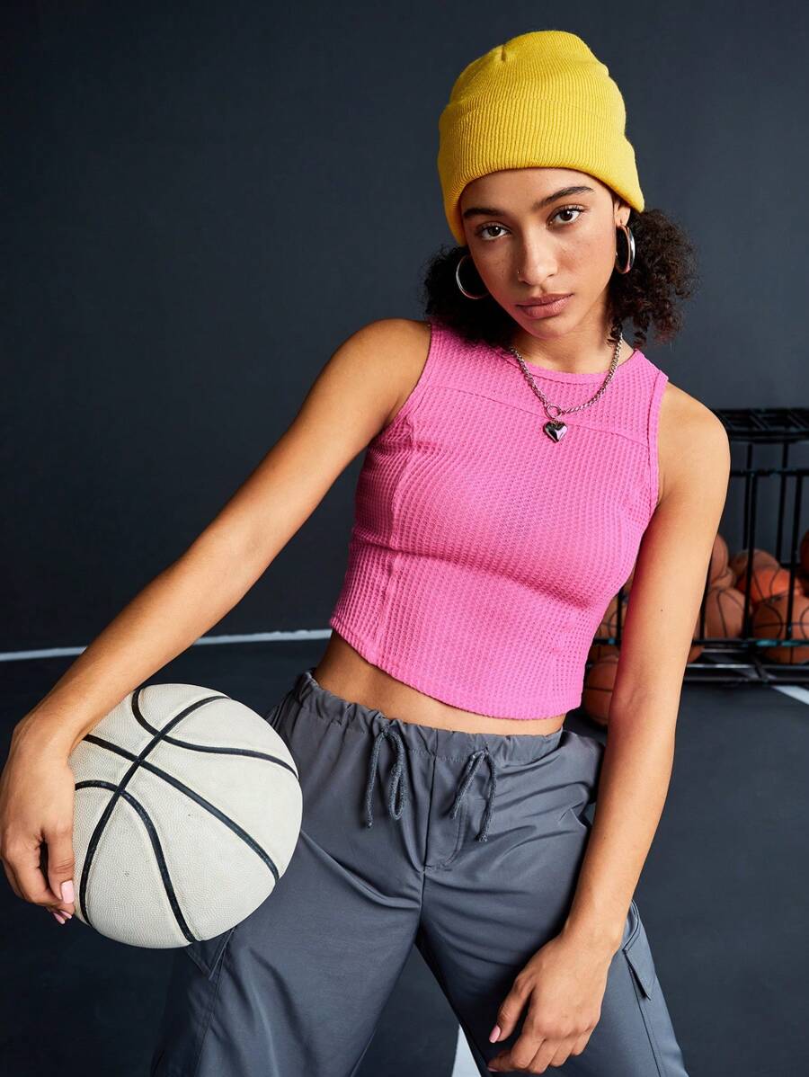 SHEIN Sports 女裝夏季露肩鵝卵織短款背心 - 玫紅色 - 查看 1