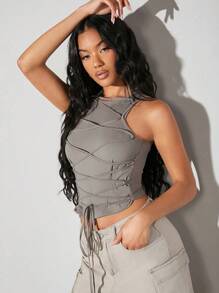 SHEIN BAE Solid Color Complex Laced Tight Tank Top - Grey - View 1