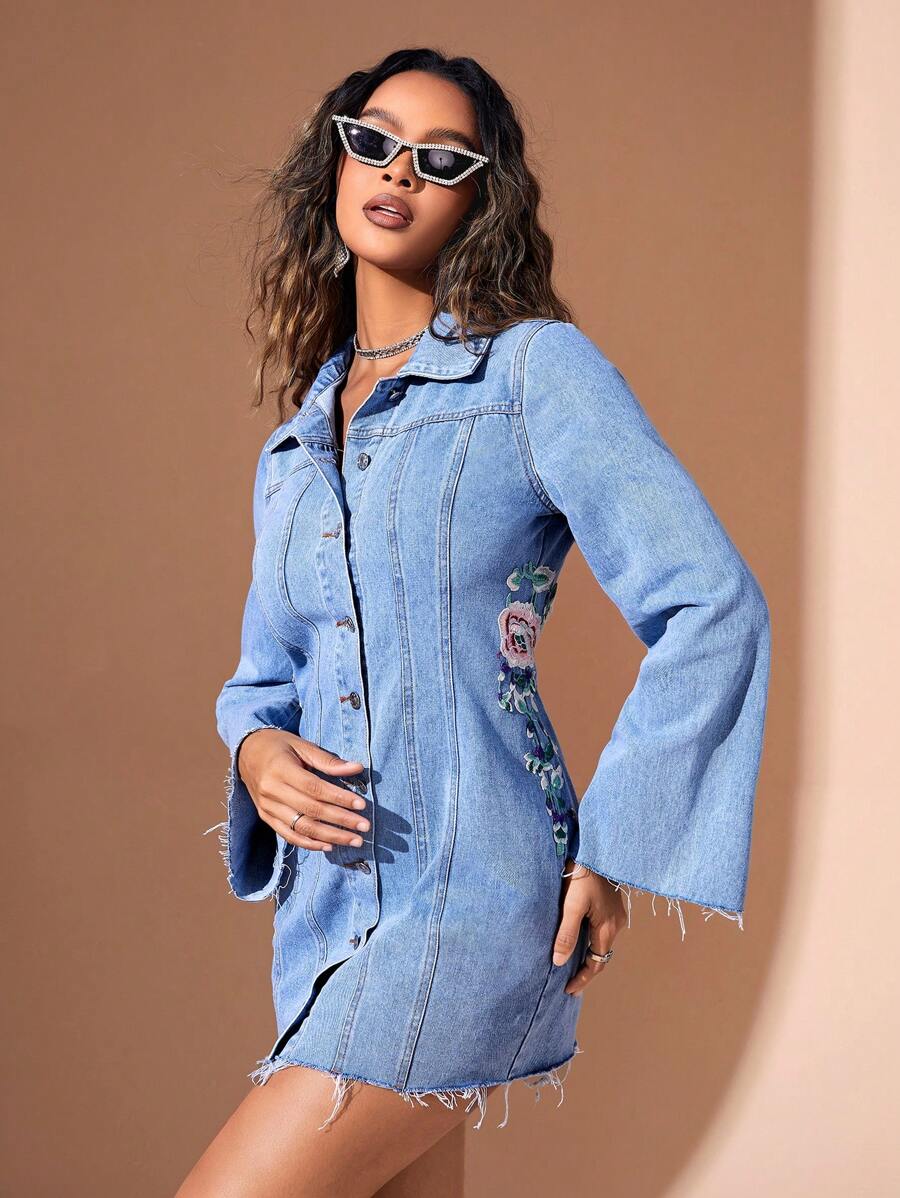 SHEIN BAE Women's Floral Embroidered Frayed Denim Dress - Blue - View 1