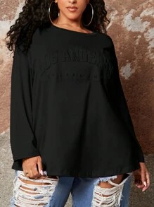 SHEIN CURVE+ Women's Plus Size Letter Printed Tee With Floral Pattern - Black - View 1