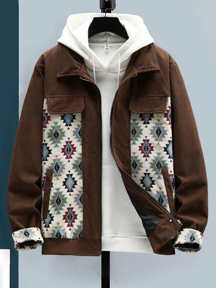 Manfinity Homme Men's Geometric Pattern Zipper Front Lapel Collar Jacket - Coffee Brown - View 1