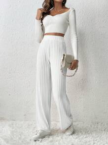 SHEIN Frenchy Women's Solid Color Ribbed Knit Long Pants Winter White