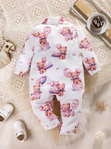 Baby Girl Bear Pattern Long Sleeve Jumpsuit - Pink - View 2