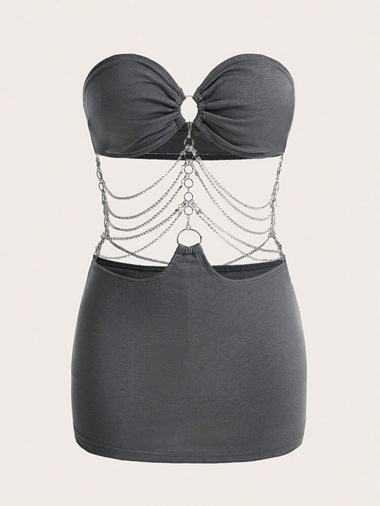 Hollow Out Chain Strap Bandeau Bodycon Mini Dress