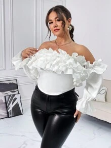 SHEIN Privé Của phụ nữ Kích thước lớn Bỏ khỏi vai Nhiều lớp Ren Trang trí Tay áo xù Áo sơ mi - trắng - Xem 6