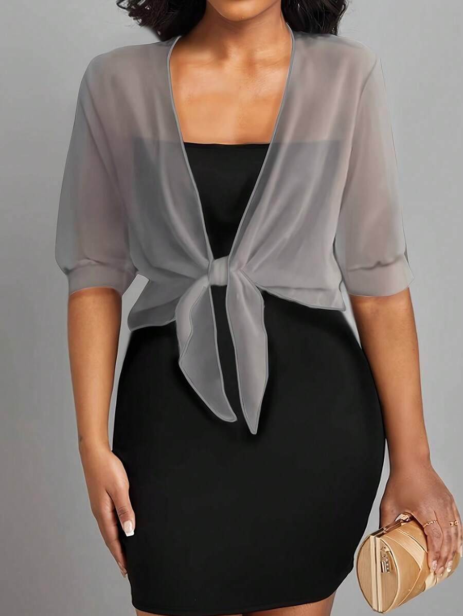 Women Blouses Simpul Sheer Dasi Depan Plain - Grey - View 1