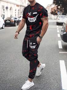 Manfinity LEGND Men Tie Dye Expression Print Tee & Drawstring Waist Sweatpants, Going Out, Boyfriend Gift