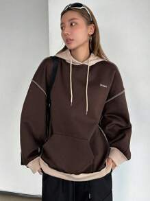 DAZY Áo nỉ ấm áp có mũ lót nhiệt họa tiết chữ thường ngày - Cà phê nâu - Xem 5