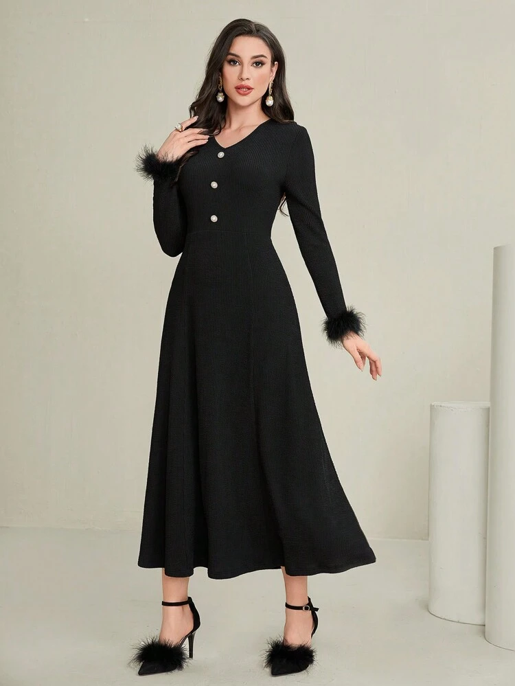 Women's Button Detail Frayed Sleeve Hem Dress