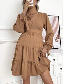 SHEIN Maternity Solid Color Ruffle Dress - Rust Brown - View 6