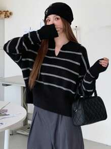 DAZY 女士條紋翻領毛衣 - 黑色 - 查看 3