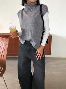 DAZY 純色高領毛衣背心 - 灰色 - 查看 5