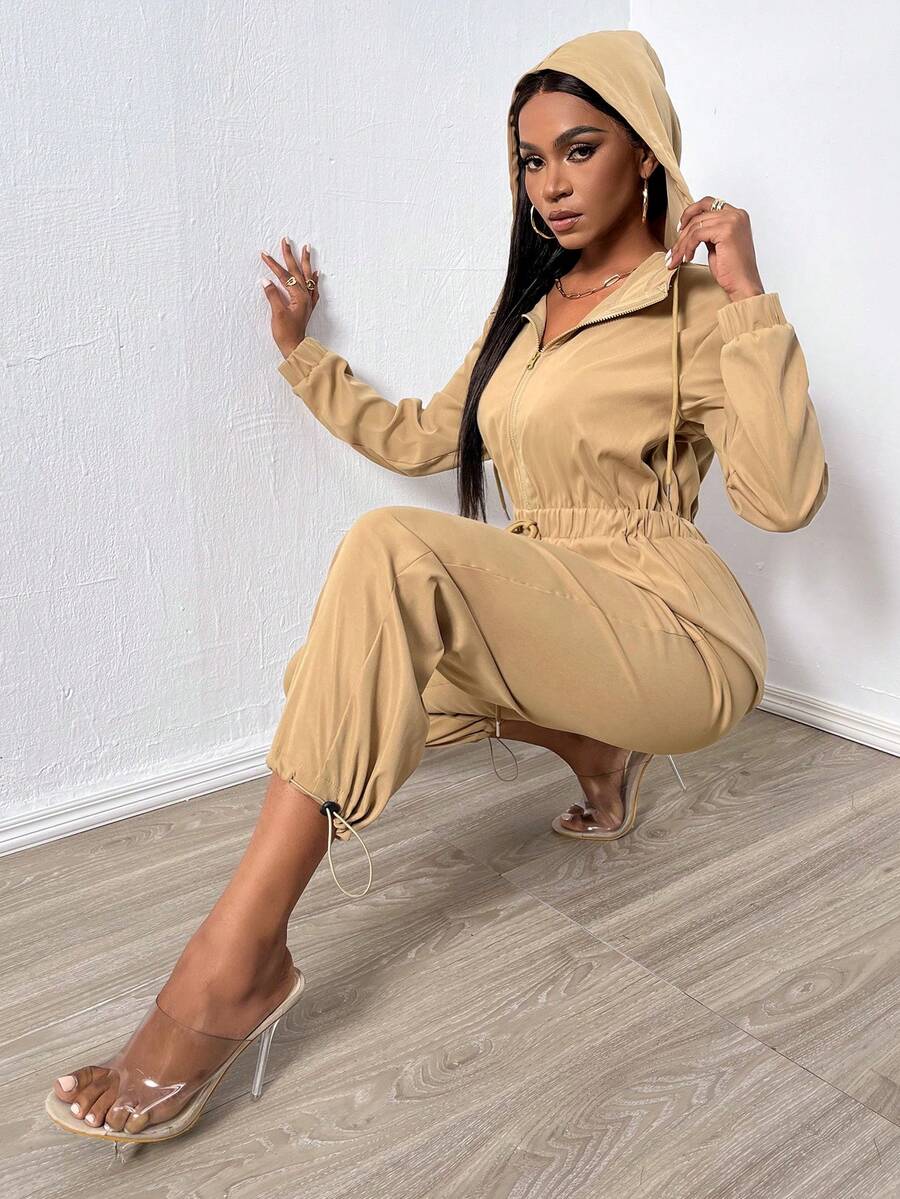 SHEIN Slayr Eo đàn hồi Dây kéo áo có mũ Áo liền quần - Màu Khaki - Xem 1