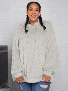 SHEIN CURVE+ 大尺碼女用抓絨運動衫,附抽繩兜帽 - 灰色 - 查看 5