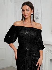 YISIKADO 一字肩燈籠袖亮片正式洋裝