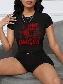 SHEIN Slayr Của phụ nữ Hamburger Và Khoai tây chiên In thư Ngắn tay Thon gọn Áo thun - màu đen - Xem 1
