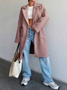 EURMUSE Cổ áo Đôi ngực Thả vai Áo khoác Teddy - Bụi hồng - Xem 1