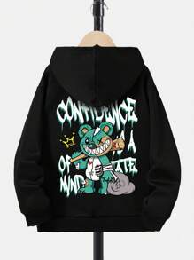 男童休闲卡通字母印花卫衣，带保暖内衬 - 黑色 - 查看 1