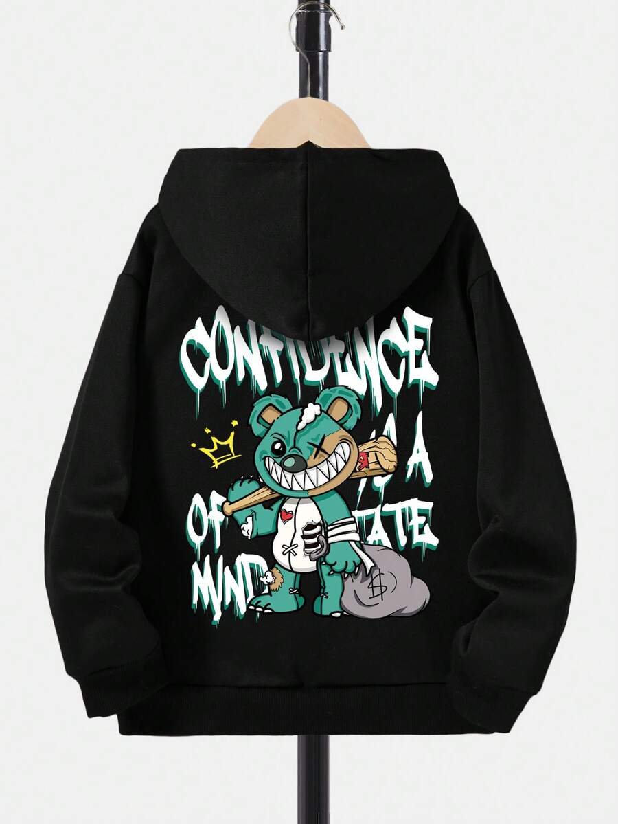 男童休闲卡通字母印花卫衣，带保暖内衬 - 黑色 - 查看 1