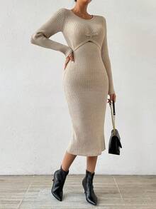 SHEIN Privé 純色針織毛衣連衣裙 - 杏色 - 查看 5