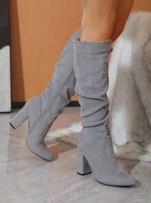 Timesize Women's Over-the-knee Chunky Heel Boots With Random Wrinkled Texture, Gray - Grey - View 4
